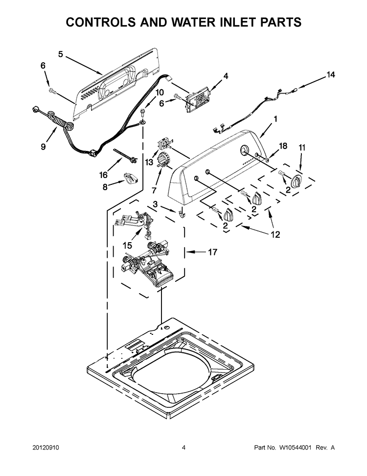 CONTROLS AND WATER INLET PARTS Diagram and Parts List for 7MWTW1500AQ0  Whirlpool Washer