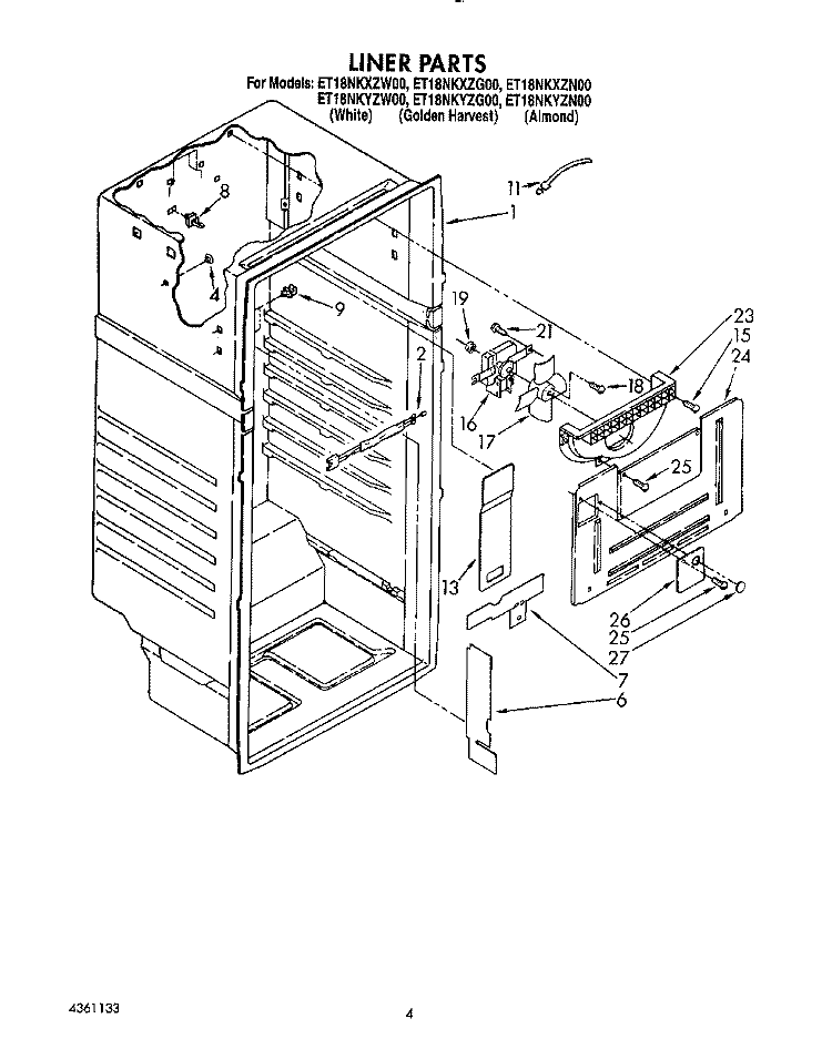LINER Diagram and Parts List for ET18NKXZG00  Whirlpool Refrigerator