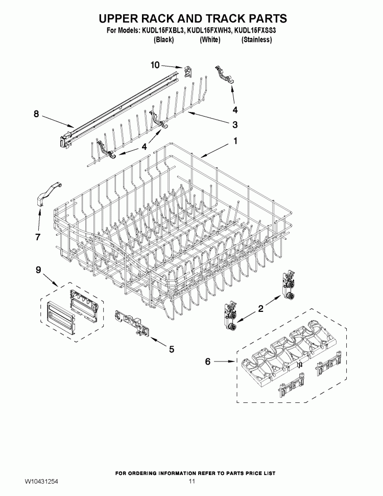 UPPER RACK AND TRACK PARTS Diagram and Parts List for KUDL15FXWH3  KitchenAid Dishwasher