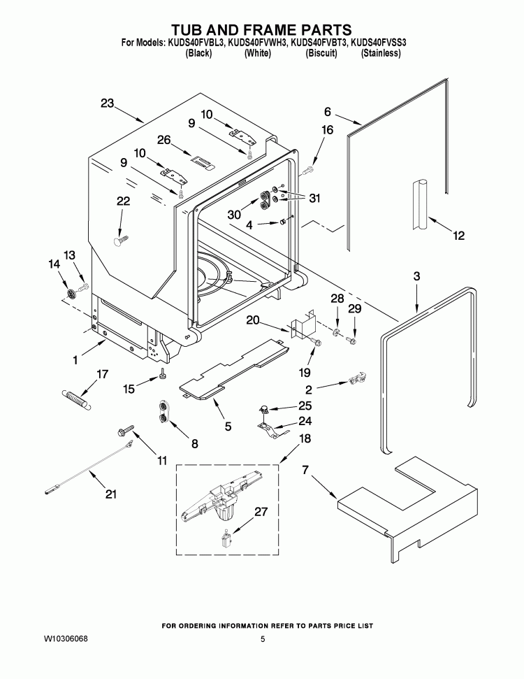 TUB AND FRAME PARTS Diagram and Parts List for KUDS40FVSS3  KitchenAid Dishwasher