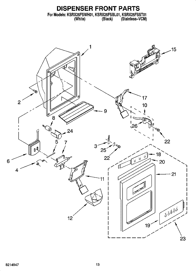 DISPENSER FRONT PARTS Diagram and Parts List for KSRX25FSST01  KitchenAid Refrigerator