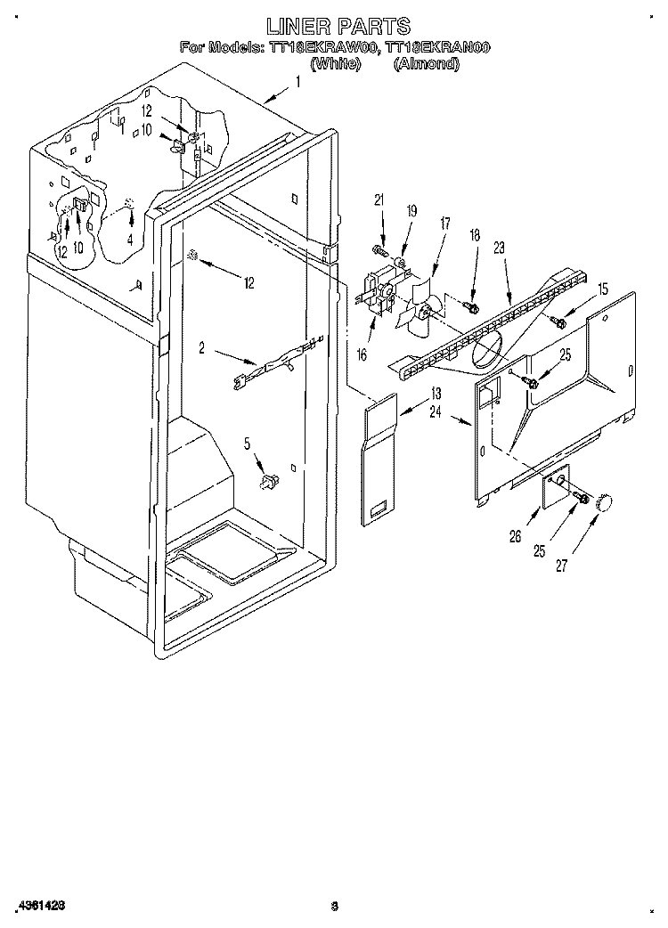 LINER Diagram and Parts List for TT18EKRAN00  Whirlpool Refrigerator