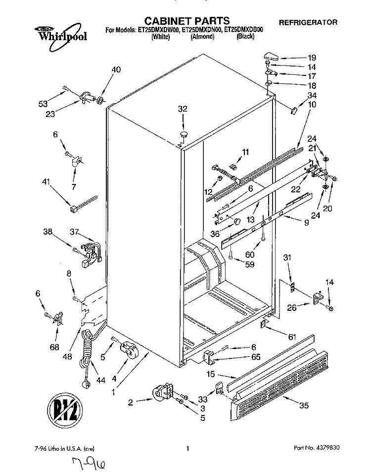 CABINET Diagram and Parts List for ET25DMXDN00  Whirlpool Refrigerator