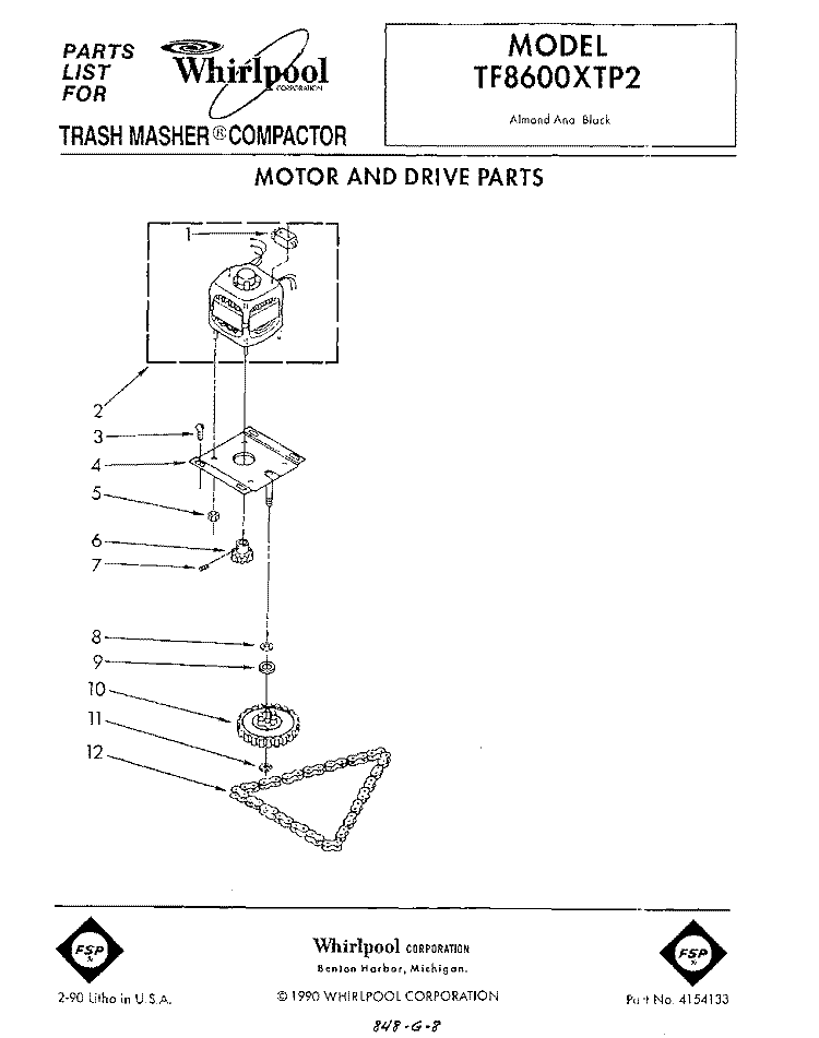 MOTOR AND DRIVE , LIT/OPTIONAL Diagram and Parts List for TF8600XTP2  Whirlpool Trash Compactor
