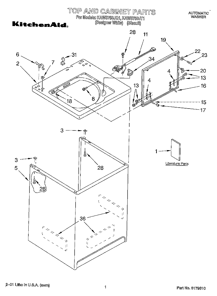 TOP AND CABINET, LITERATURE Diagram and Parts List for KAWS750JT1  KitchenAid Washer