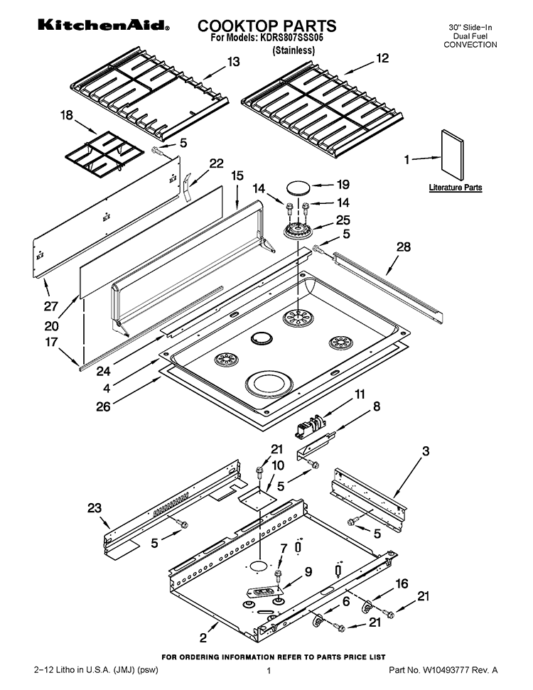 COOKTOP PARTS Diagram and Parts List for KDRS807SSS05  KitchenAid Range