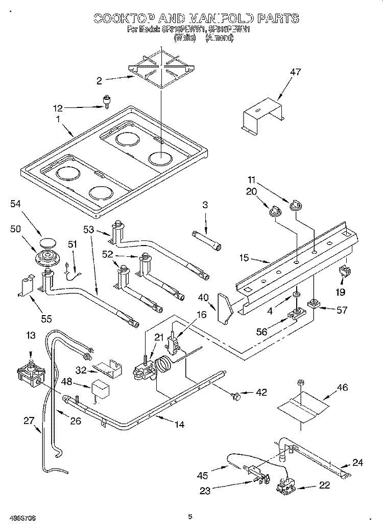 COOKTOP AND MANIFOLD, LITERATURE Diagram and Parts List for SF318PEWW1  Whirlpool Range
