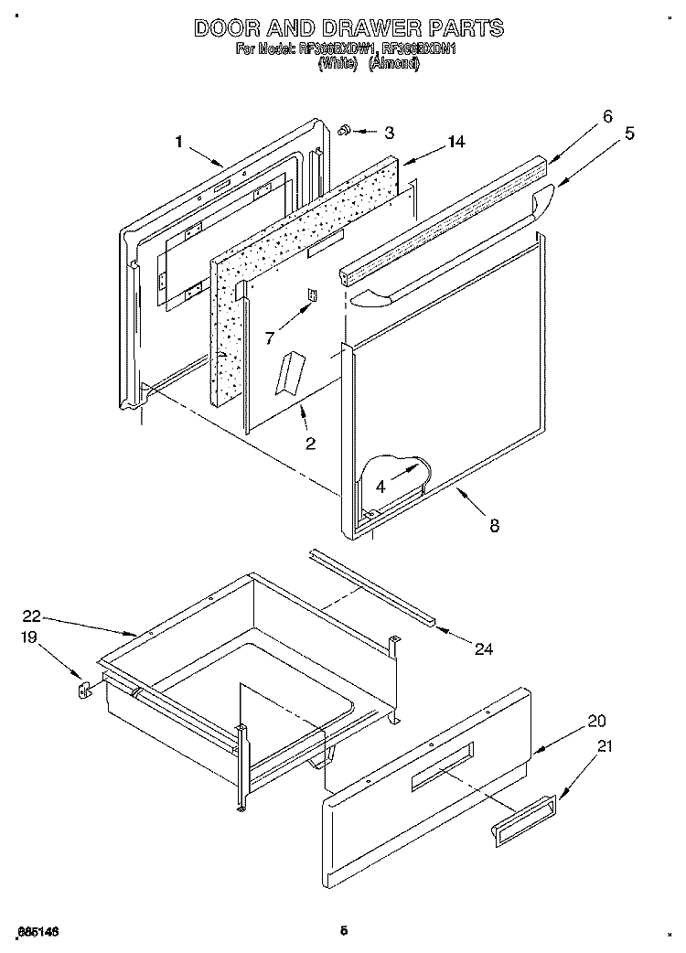 DOOR AND DRAWER Diagram and Parts List for RF366BXDW1  Whirlpool Range