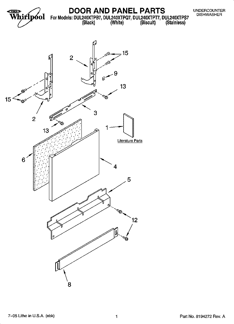 DOOR AND PANEL PARTS Diagram and Parts List for DUL240XTPB7  Whirlpool Dishwasher