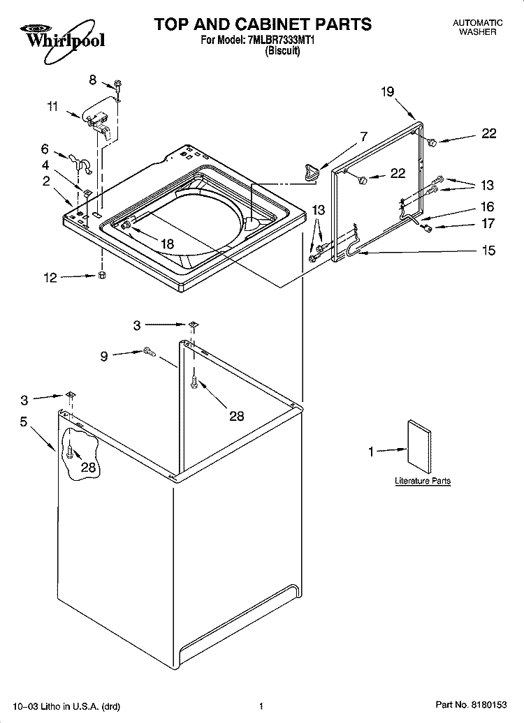 TOP AND CABINET PARTS Diagram and Parts List for 7MLBR7333MT1  Whirlpool Washer