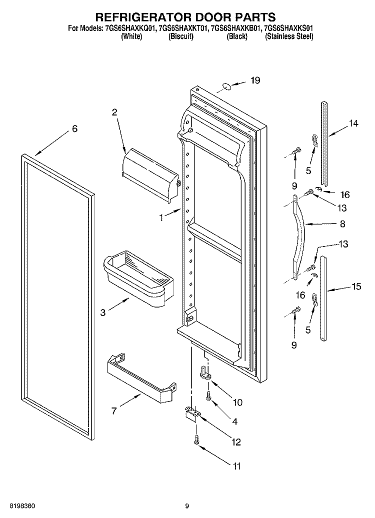 REFRIGERATOR DOOR Diagram and Parts List for 7GS6SHAXKB01  Whirlpool Refrigerator