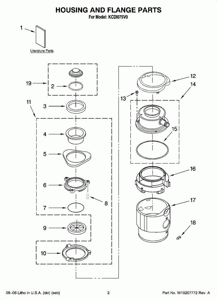 HOUSING AND FLANGE PARTS Diagram and Parts List for KCDI075V0  KitchenAid Food Waste Disposer