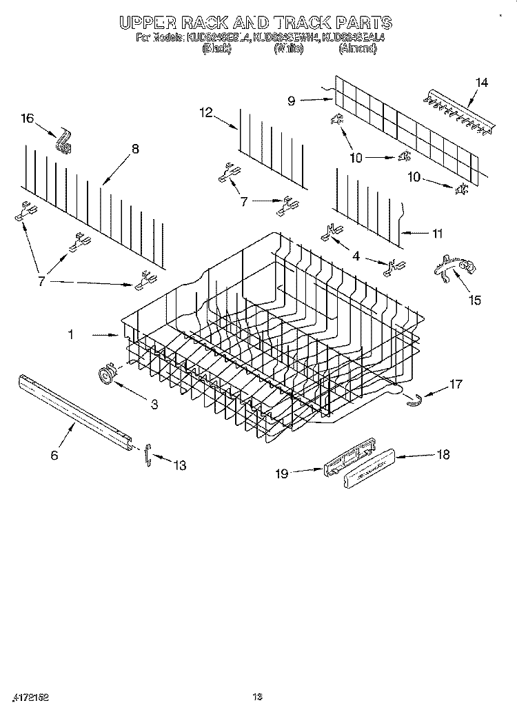 UPPER RACK AND TRACK Diagram and Parts List for KUDS24SEBL4  KitchenAid Dishwasher