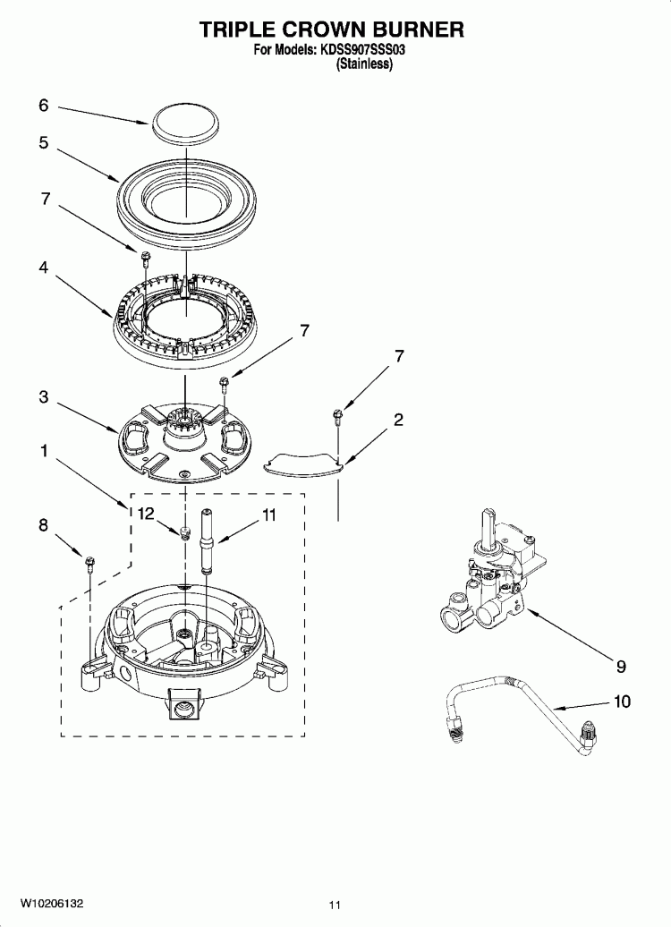 TRIPLE CROWN BURNER Diagram and Parts List for KDSS907SSS03  KitchenAid Range