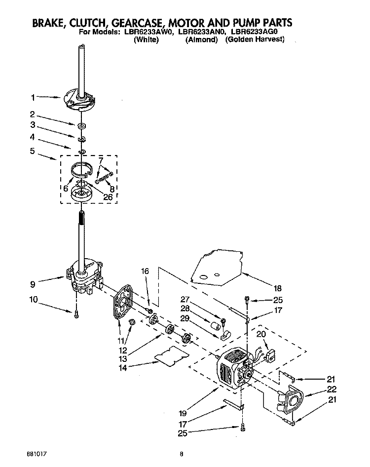 BRAKE, CLUTCH, GEARCASE, MOTOR AND PUMP Diagram and Parts List for LBR6233AW0  Whirlpool Washer