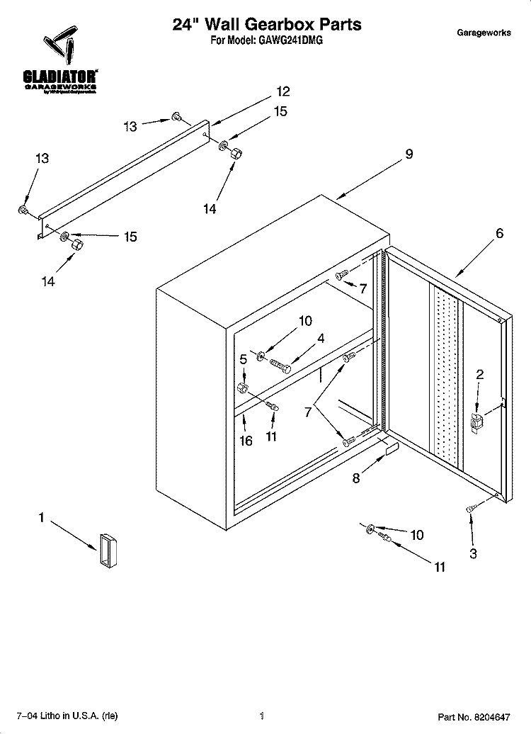 24`` Wall Gearbox Parts Diagram and Parts List for GAWG241DMG  Whirlpool Cabinet