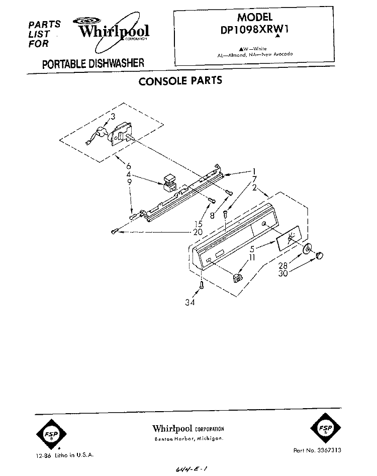 CONSOLE Diagram and Parts List for DP1098XRN1  Whirlpool Dishwasher