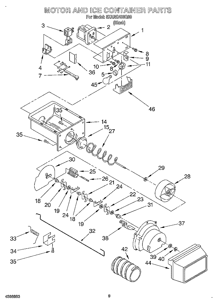 MOTOR AND ICE CONTAINER Diagram and Parts List for 3XARG488G00  Whirlpool Refrigerator