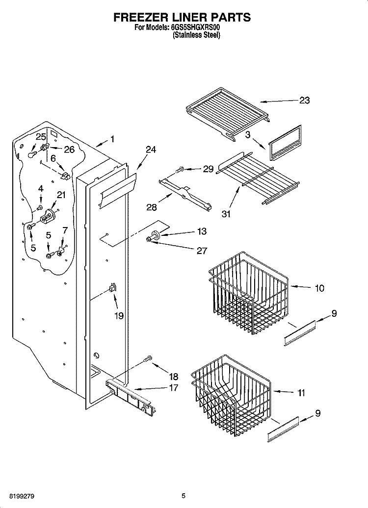 FREEZER LINER PARTS Diagram and Parts List for 6GS5SHGXRS00  Whirlpool Refrigerator