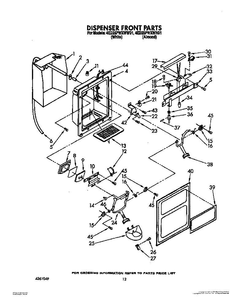 DISPENSER FRONT Diagram and Parts List for 4ED25PWXWN01  Whirlpool Refrigerator