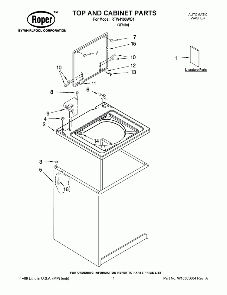 TOP AND CABINET PARTS Diagram and Parts List for RTW4100WQ1  Roper Washer
