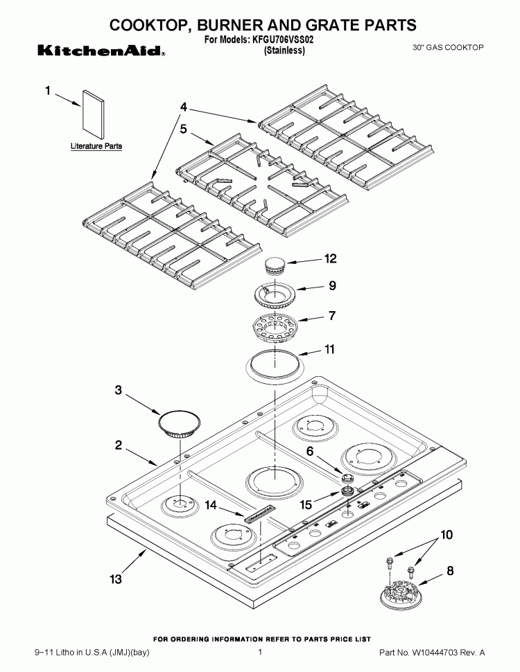 COOKTOP, BURNER AND GRATE PARTS Diagram and Parts List for KFGU706VSS02  KitchenAid Cooktop