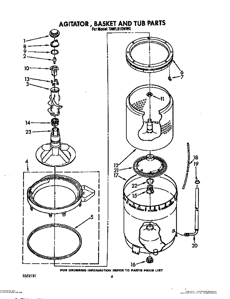 AGITATOR, BASKET AND TUB Diagram and Parts List for TAWL610WW0  Estate Washer