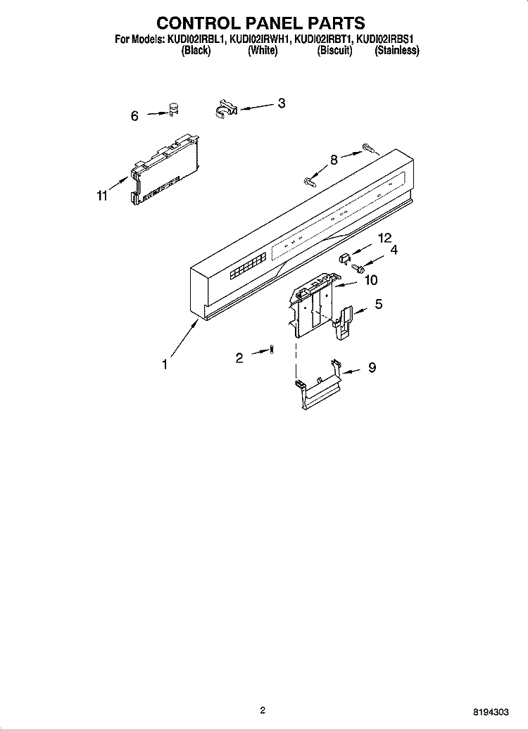CONTROL PANEL PARTS Diagram and Parts List for KUDI02IRBT1  KitchenAid Dishwasher