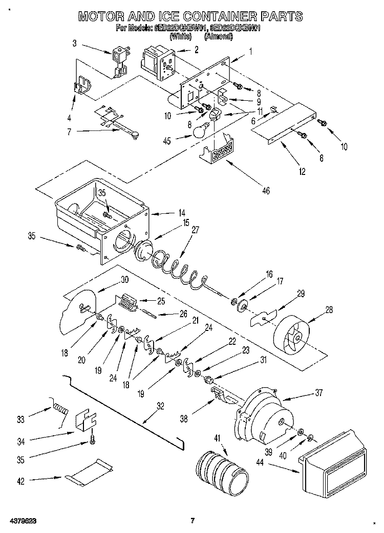MOTOR AND ICE CONTAINER Diagram and Parts List for 8ED22DQXBN01  Whirlpool Refrigerator