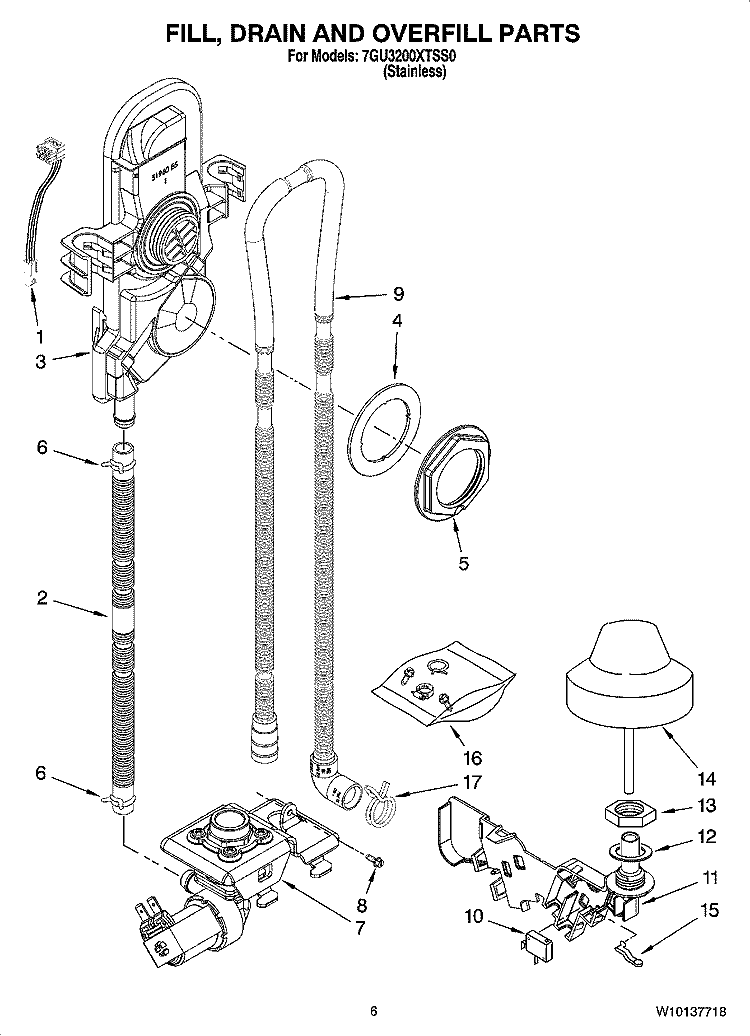 FILL, DRAIN AND OVERFILL PARTS Diagram and Parts List for 7GU3200XTSS0  Whirlpool Dishwasher