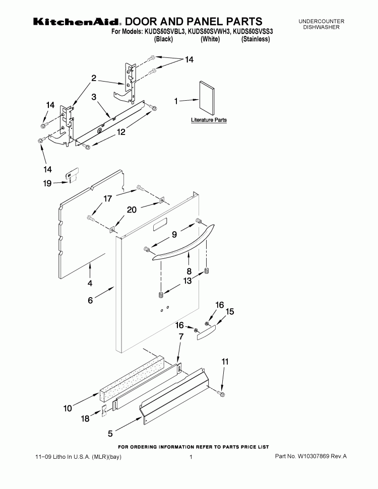 DOOR AND PANEL PARTS Diagram and Parts List for KUDS50SVSS3  KitchenAid Dishwasher