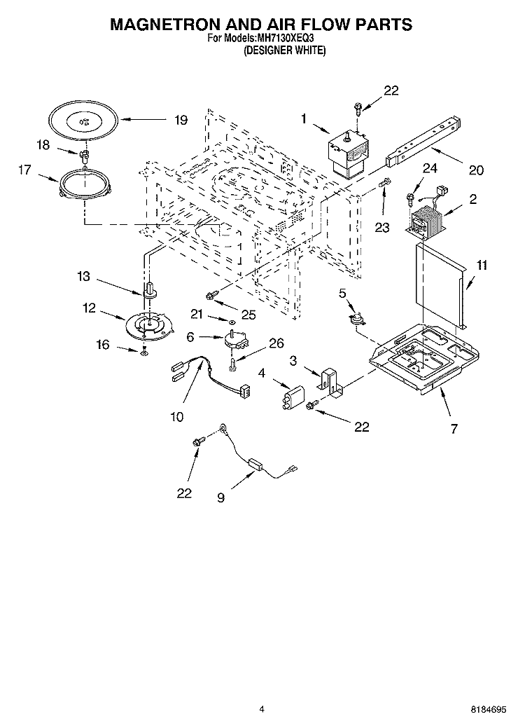 MAGNETRON AND AIR FLOW Diagram and Parts List for MH7130XEQ3  Whirlpool Microwave
