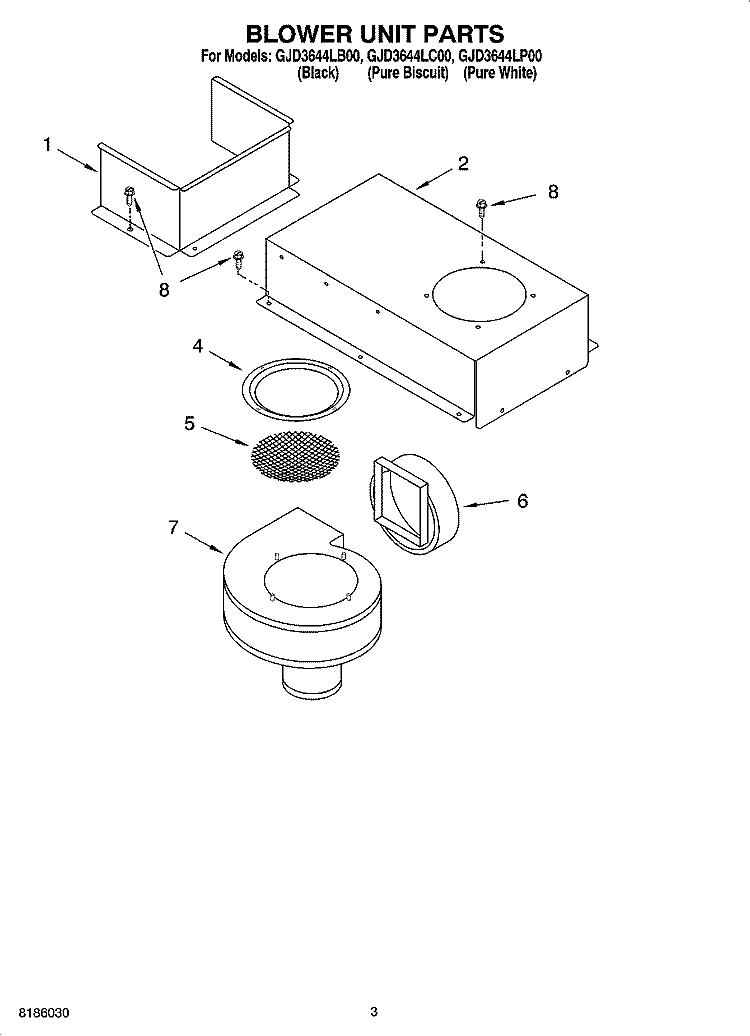 BLOWER UNIT PARTS, MISCELLANEOUS PARTS Diagram and Parts List for GJD3644LB00  Whirlpool Cooktop