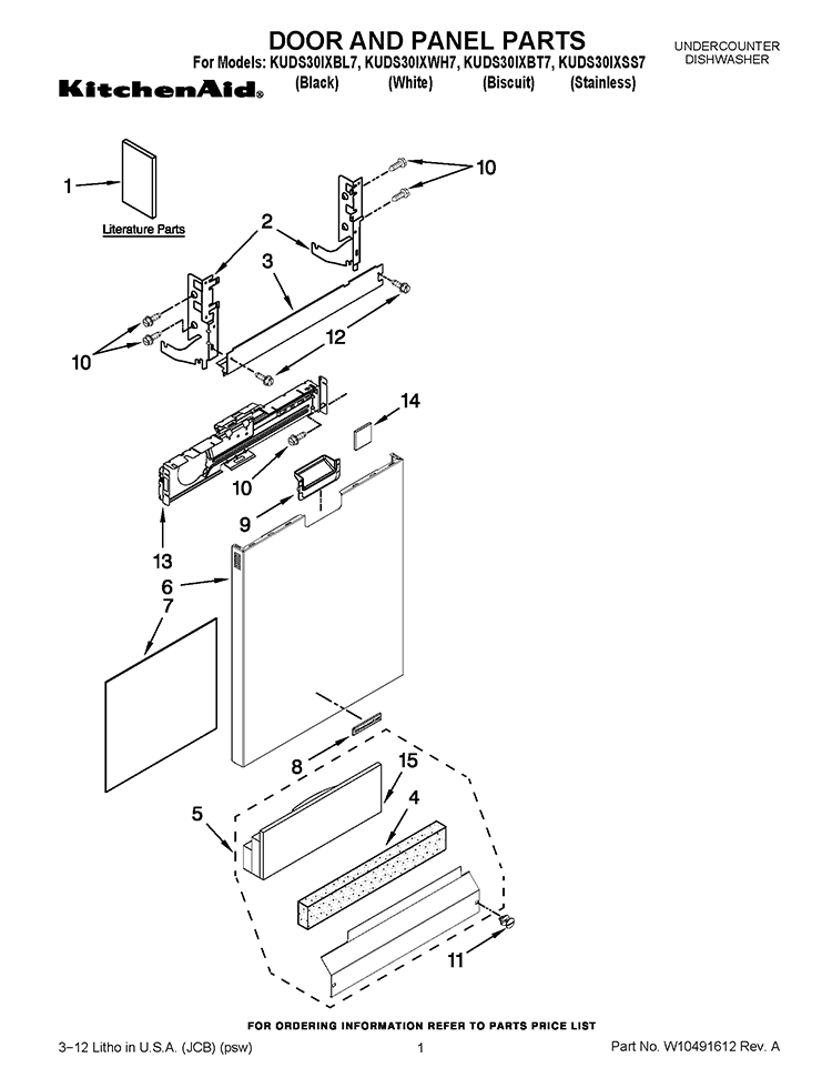 DOOR AND PANEL PARTS Diagram and Parts List for KUDS30IXBL7  KitchenAid Dishwasher