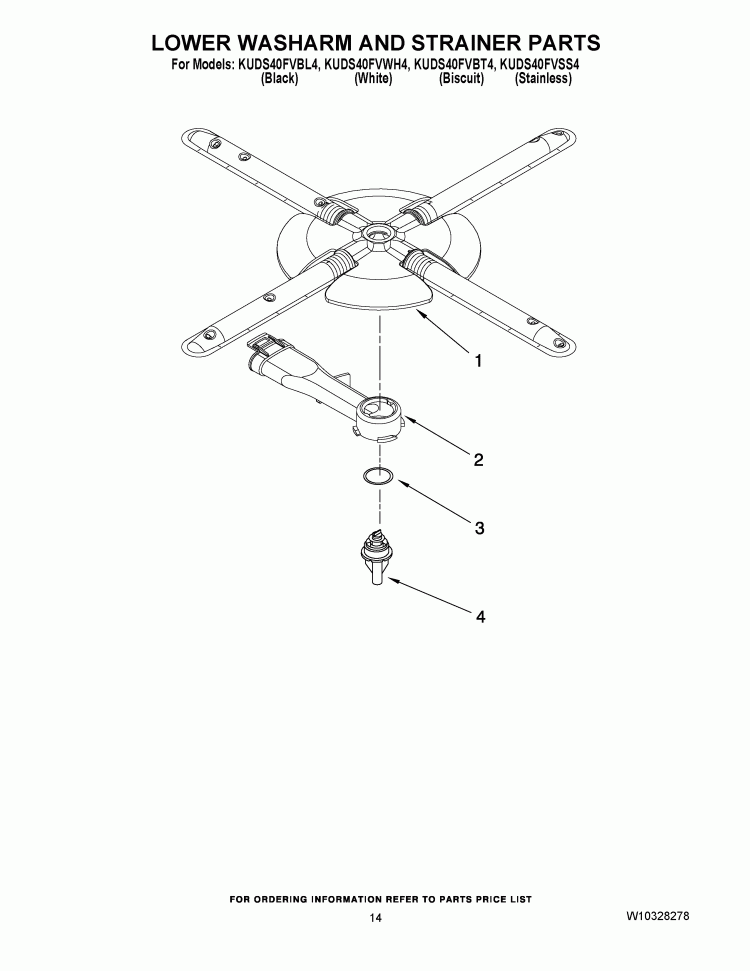LOWER WASHARM AND STRAINER PARTS Diagram and Parts List for KUDS40FVSS4  KitchenAid Dishwasher