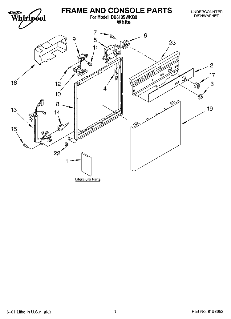 FRAME & CONSOLE, LITERATURE Diagram and Parts List for DU810SWKQ0  Whirlpool Dishwasher