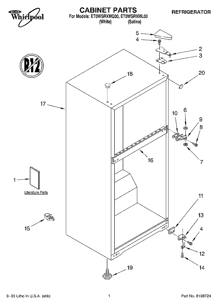 CABINET PARTS Diagram and Parts List for ET0WSRXML00  Whirlpool Refrigerator