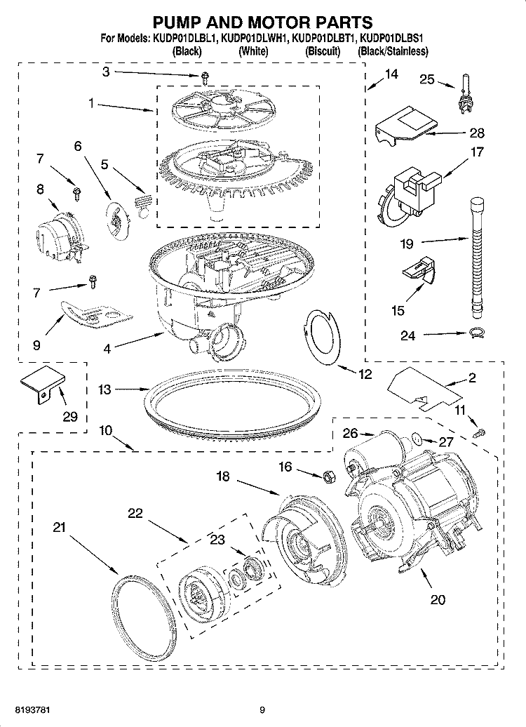 PUMP AND MOTOR PARTS Diagram and Parts List for KUDP01DLBS1  KitchenAid Dishwasher