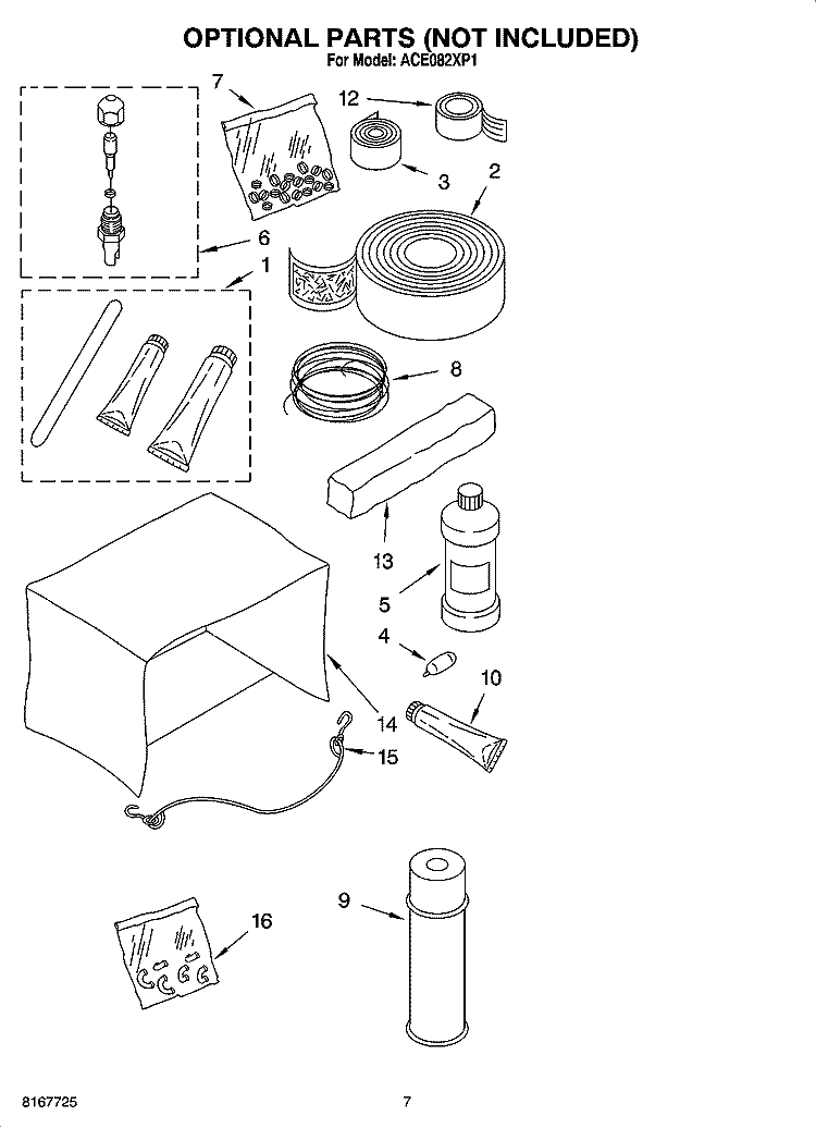 OPTIONAL  PARTS (NOT INCLUDED) Diagram and Parts List for ACE082XP1  Whirlpool Air Conditioner