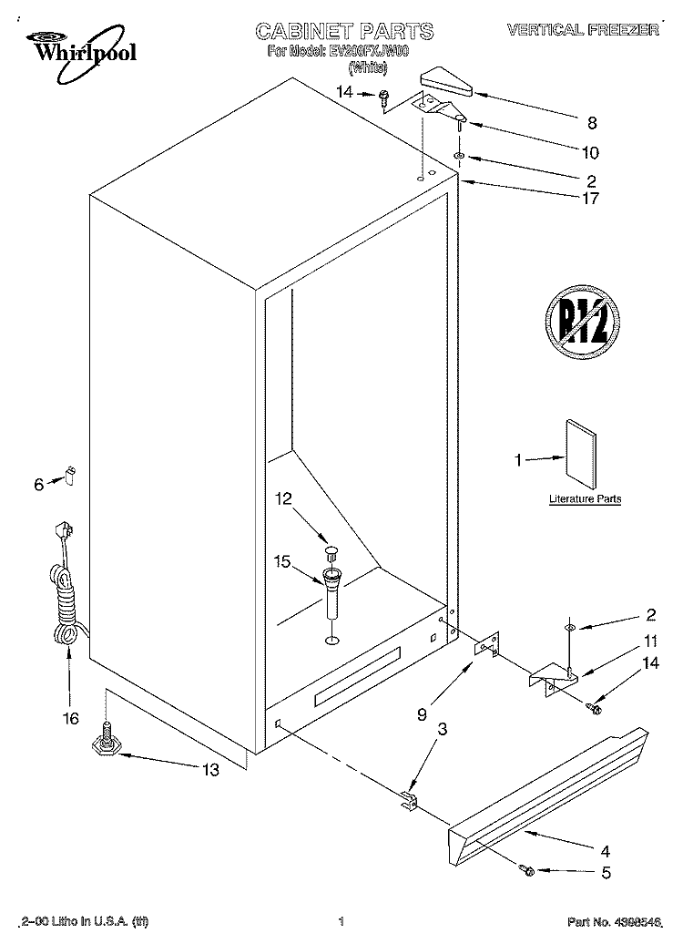 CABINET, LITERATURE Diagram and Parts List for EV200FXJW00  Whirlpool Freezer
