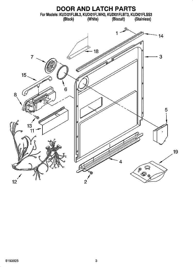 DOOR AND LATCH PARTS Diagram and Parts List for KUDI01FLWH3  KitchenAid Dishwasher