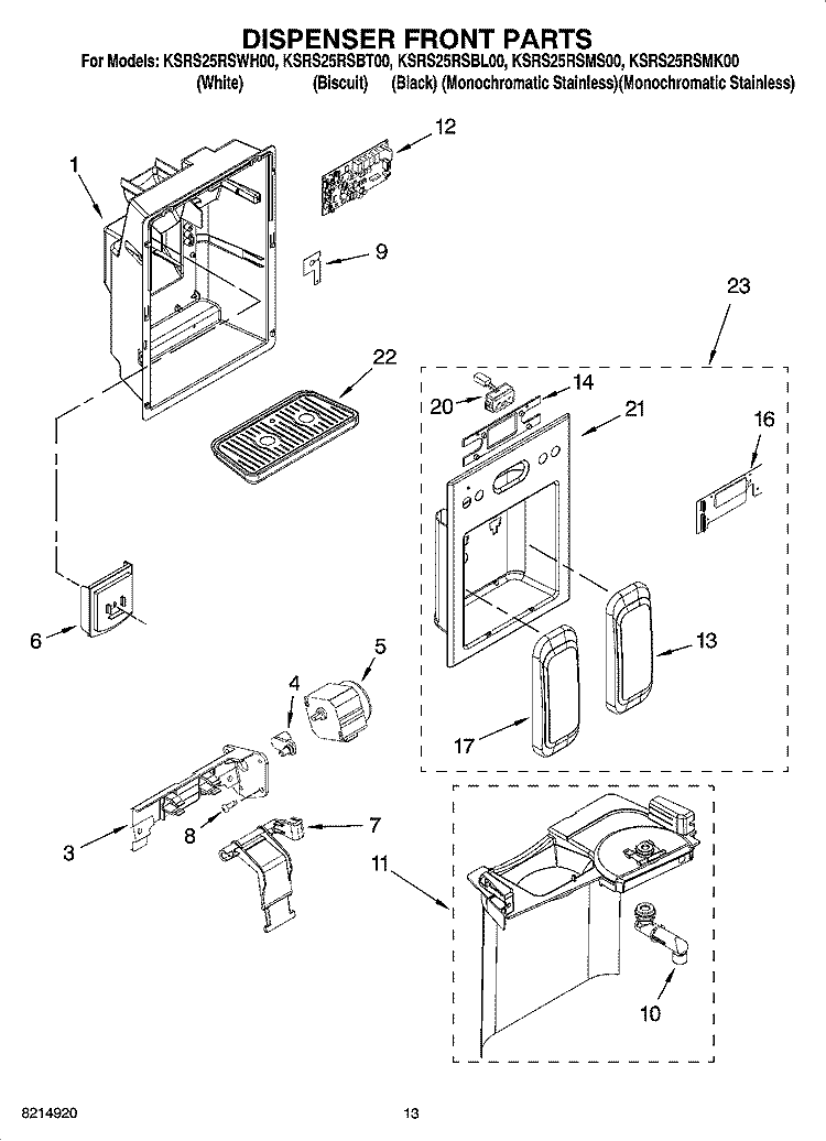 DISPENSER FRONT PARTS Diagram and Parts List for KSRS25RSBL00  KitchenAid Refrigerator