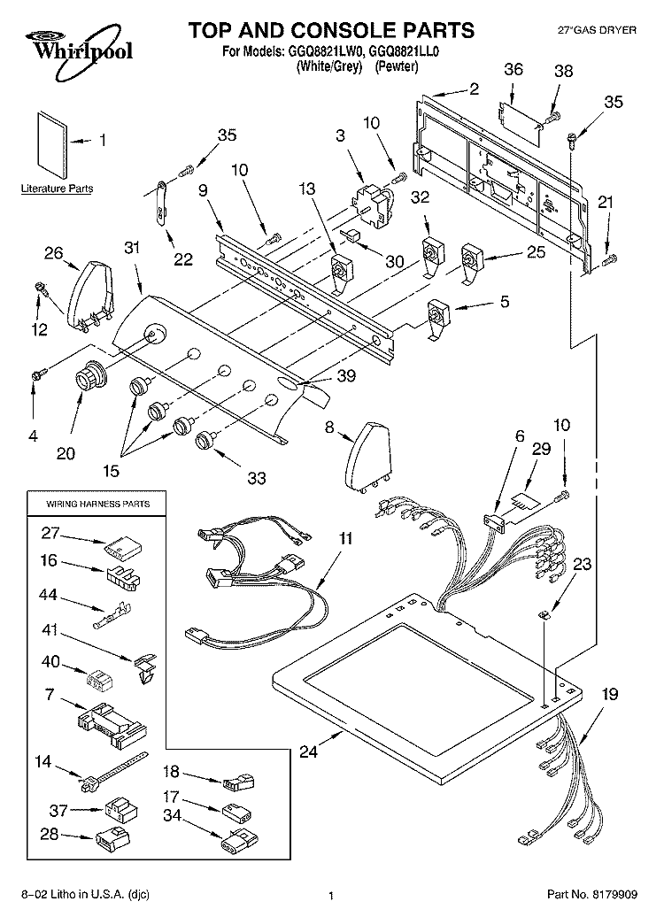 TOP AND CONSOLE, LITERATURE Diagram and Parts List for GGQ8821LW0  Whirlpool Dryer