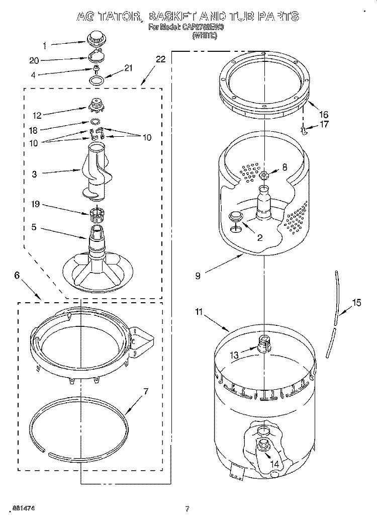 AGITATOR, BASKET AND TUB Diagram and Parts List for CAP2762EW0  Whirlpool Washer