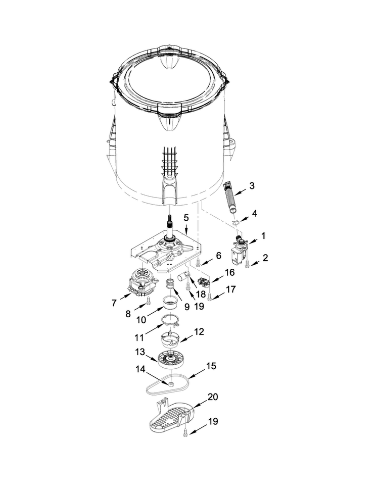 Gearcase, Motor And Pump Parts Diagram and Parts List for 1CWTW4740YQ2  Whirlpool Washer