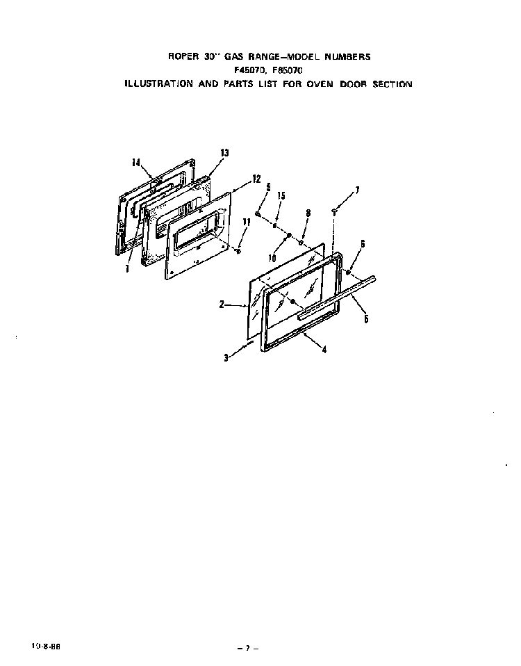 Oven Door Diagram and Parts List for F6507*0  Roper Range