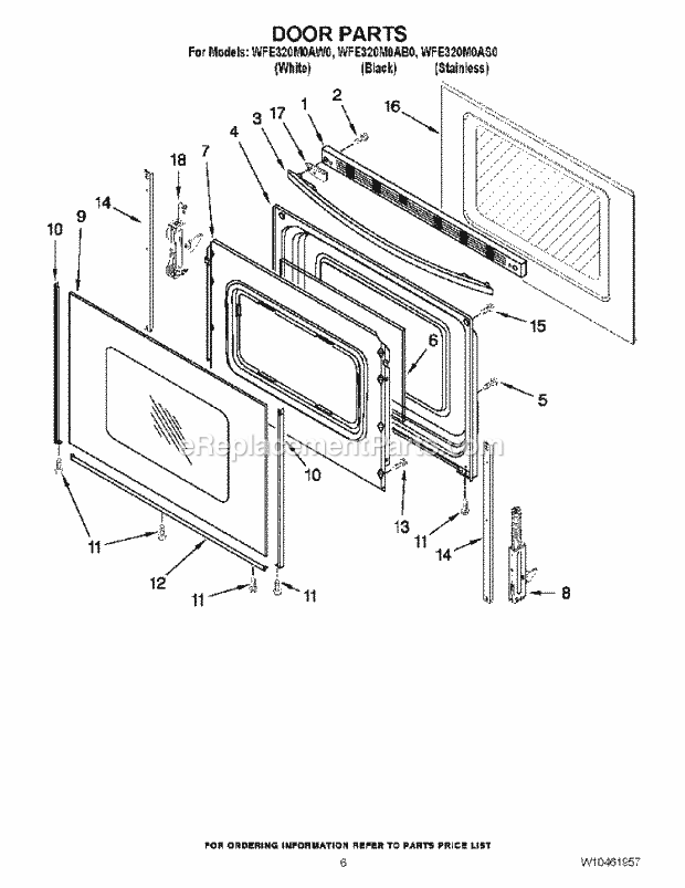 Door Parts Diagram and Parts List for WFE320M0AS0  Whirlpool Range