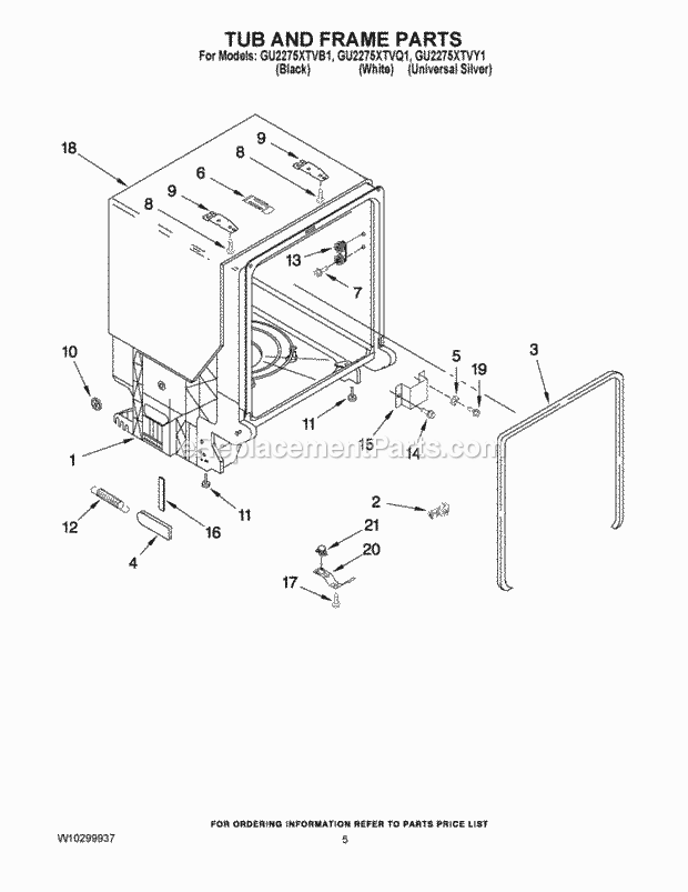 TUB AND FRAME PARTS Diagram and Parts List for GU2275XTVY1  Whirlpool Dishwasher