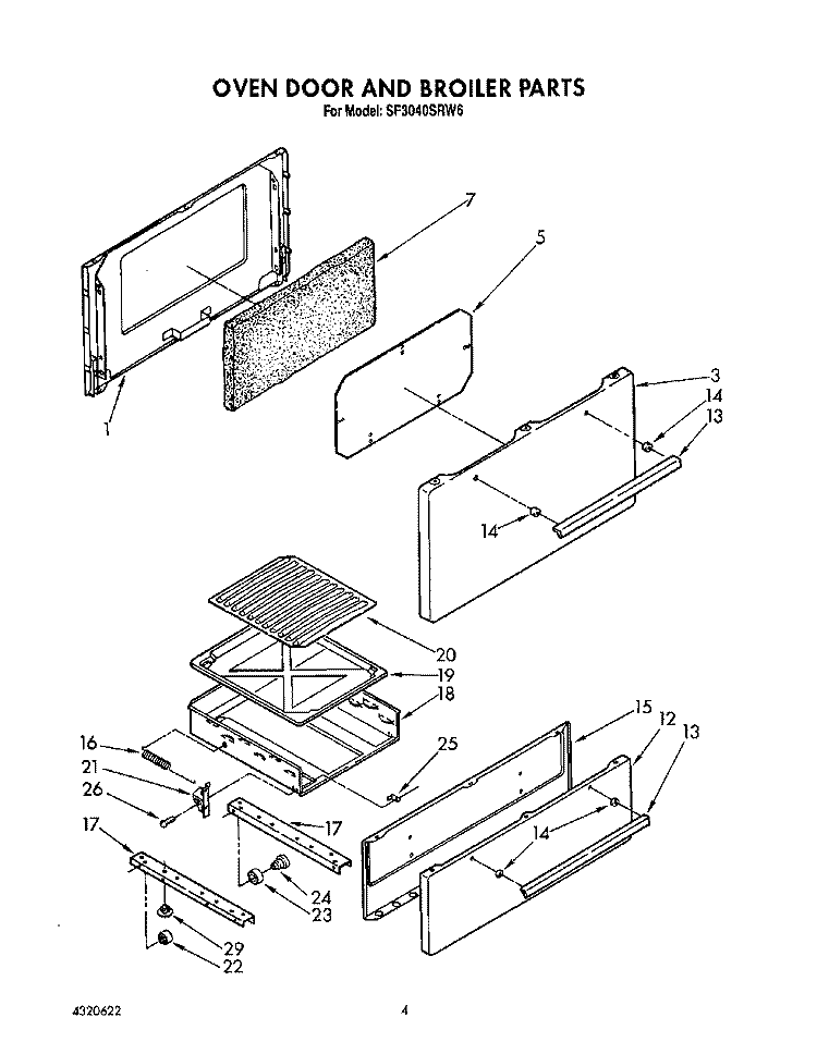 OVEN DOOR AND BROILER Diagram and Parts List for SF3040SRW6  Whirlpool Range