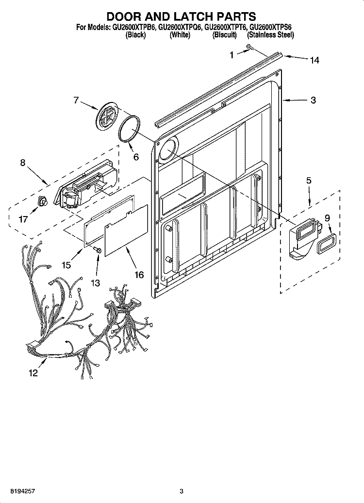 DOOR AND LATCH PARTS Diagram and Parts List for GU2600XTPS6  Whirlpool Dishwasher